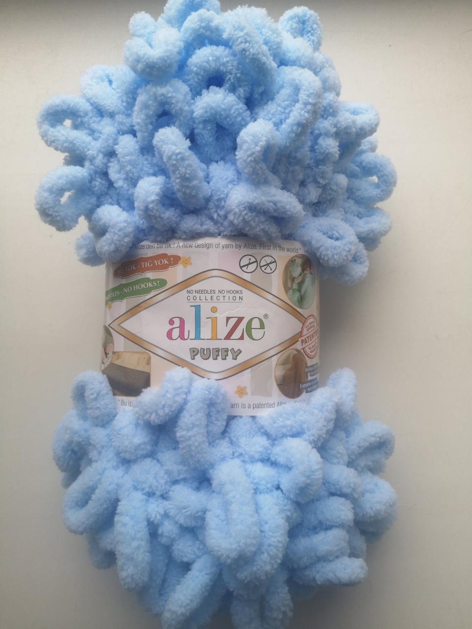 Пряжа Alize Puffy Алізе Пуффі колір блакитний 183 для в'язання без спиць руками з петельками петлями, 1 моток 100г, фото 1