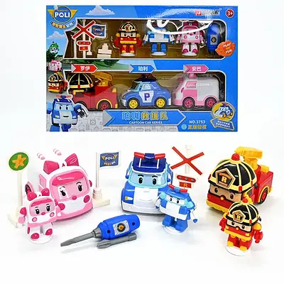 Набір машинок конструкторів 3 в 1 герої Robocar Poli викрутка дорожні знаки Авто Робокар Полі з розбірними елементами