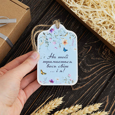 Дерев'яна листівка "Квіти" на блакитному фоні, розмір 10 х 6,5 см