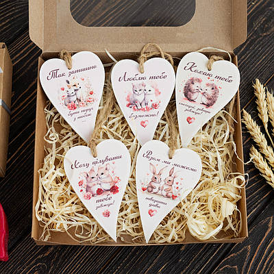 Набір "Закохані звірята" із 5 дерев’яних листівок у подарунковій коробці