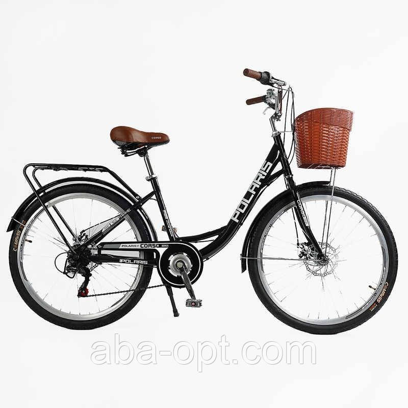 Велосипед міський Corso «Polaris» 26`` PS-80110 + КОШИК (1) ЧОРНИЙ сталева рама 16.5``, Shimano 7 швидкостей, корзина, багажник, фото 1