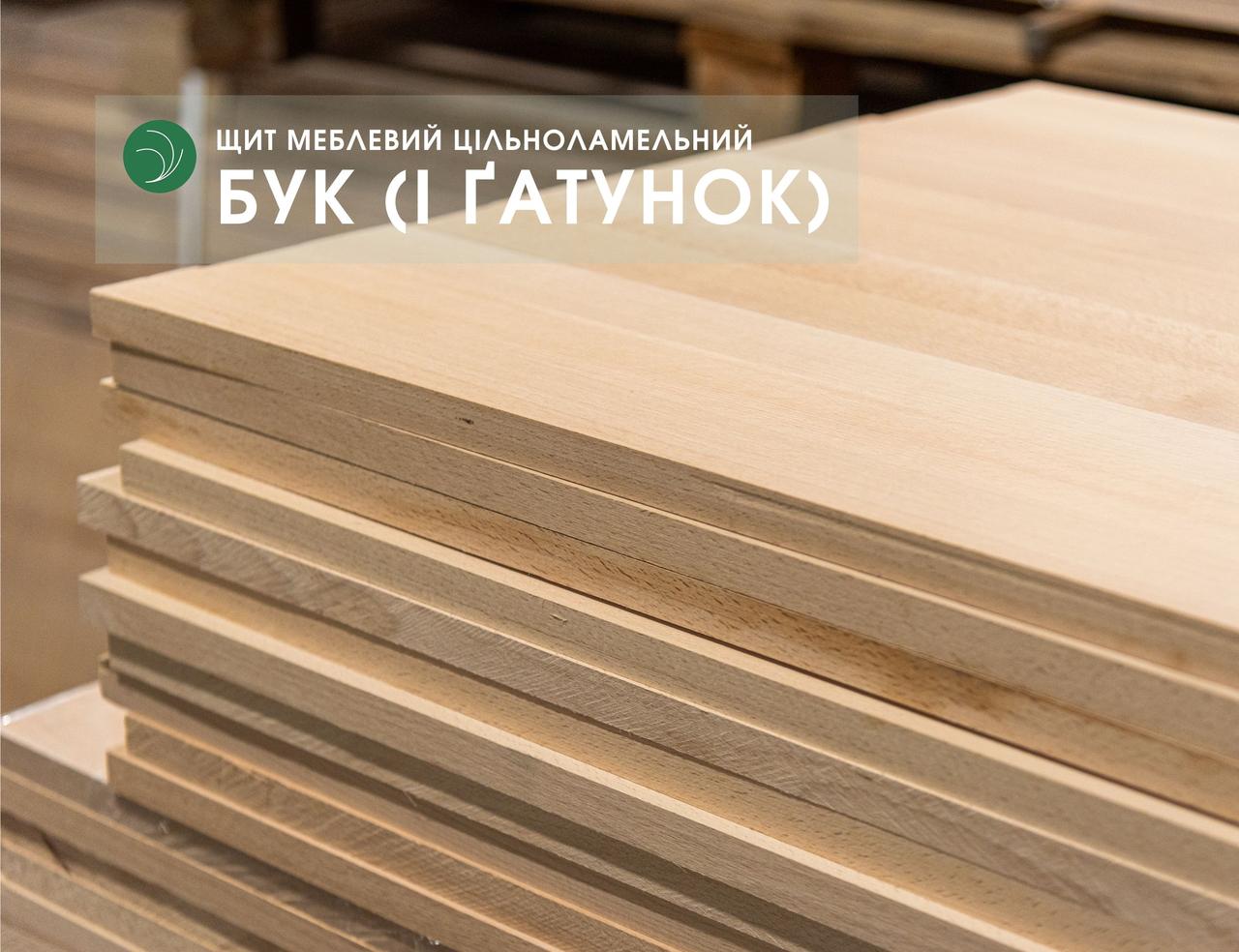 Щит меблевий з бука цільноламельний, 20 мм, 1,00-2,00 х 1,00 м, 1 ґатунок