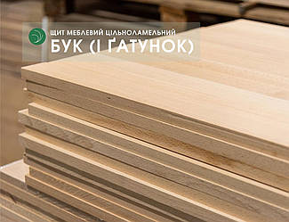 Щит меблевий з бука цільноламельний, 20 мм, 1,00-2,00 х 0,65 м, 1 ґатунок