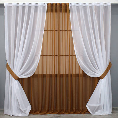 Комплект (4х2,2м. + 2шт. 1,5x2,2м.) "Компаньйон" із шифону. Колір коричневий з білим. Код 022дк 11-0211