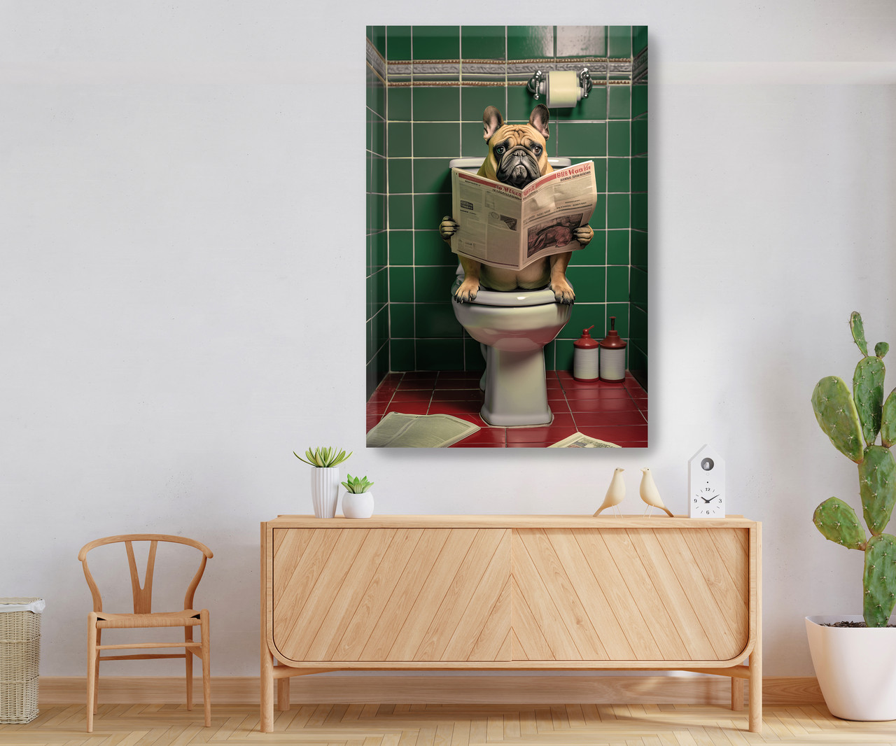 Стильна сучасна  картина на полотні в офіс, кафе, ресторан Французький бульдог на унітазі читає газету, фото 1