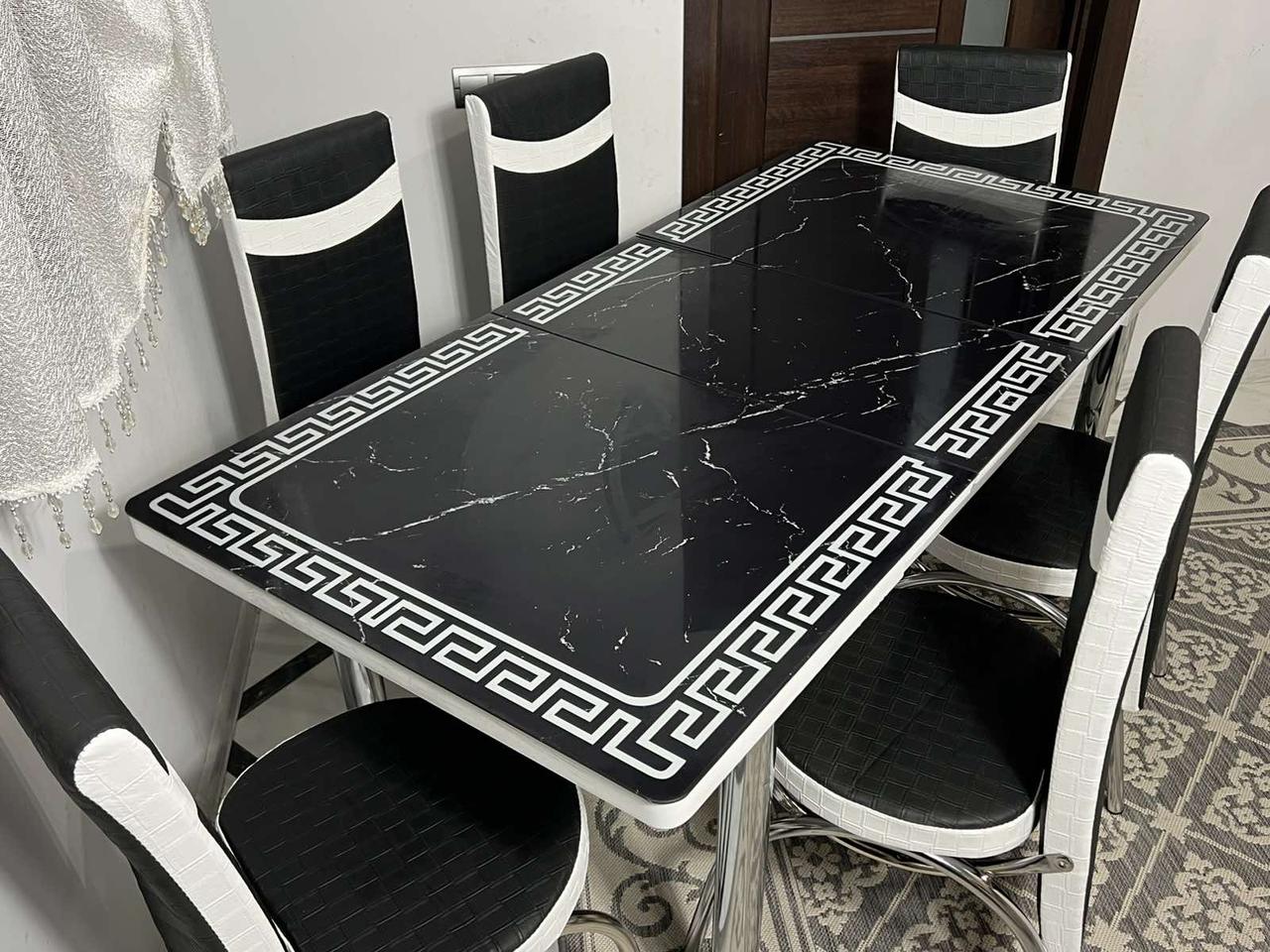 Обідній комплект, кухонний стіл і 6 стільців, чорний без малюнку, ніжки хром Туреччина, фото 1