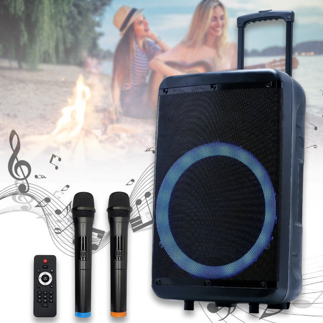 Акустична колонка переносна на колесах з 2 мікрофонами та пультом ZXX-7878 60Вт 15", фото 1