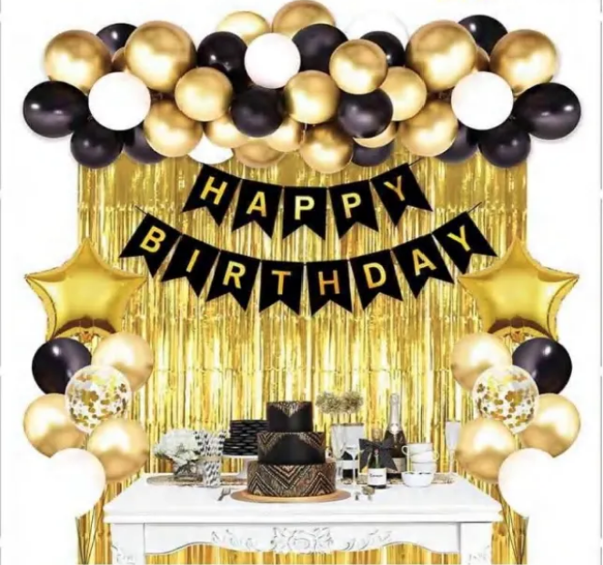 Готова фотозона "Happy Birthday, чорна з золотим", 55 предметів