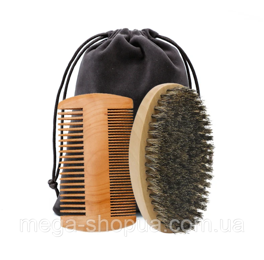 Набір для догляду за бородою та вусами: щітка та дерев'яна гребінець, чоловічий комплект Sandalwood U-Man DSE77, фото 1