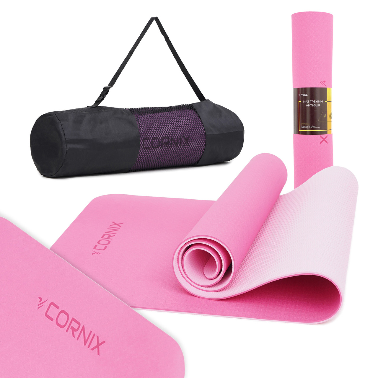 Килимок спортивний Cornix TPE 183 x 61 x 0.6 см для йоги та фітнесу XR-0005 Pink/Rose Poland