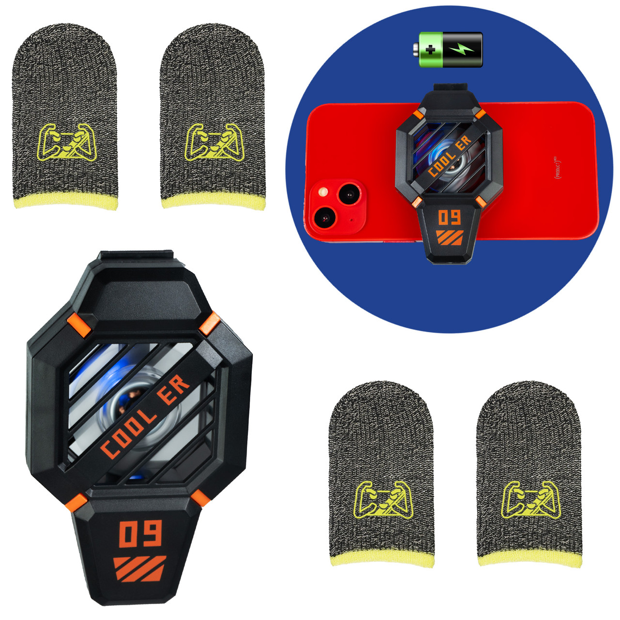 Комплект ігровий 5в1: кулер для охолодження смартфона вентилятор DY09 з акумулятором + 4 напальчники, фото 1