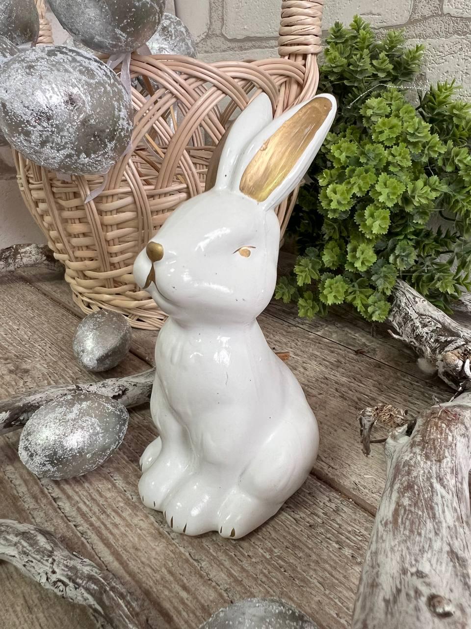 Великодній кролик для прикраси, білий з золотом h 13 см, фото 1