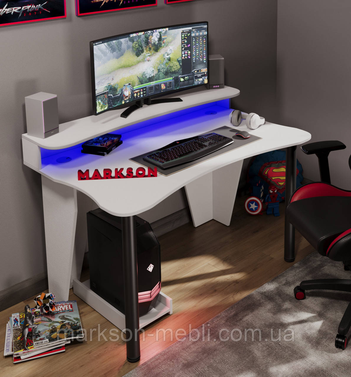 Геймерський комп'ютерний стіл з RGB підсвіткою  "ARES - PRO" білий, ігровий