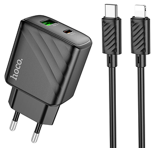 Мережевий Зарядний пристрій Hoco CS23A (1xType-C / 1xUSB) з кабелем Type-C на Lightning / PD30W / чорний