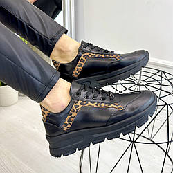 Кросівки жіночі шкіряні на шнурівці. Колір чорний, рудий леопард. 36-41 розміри