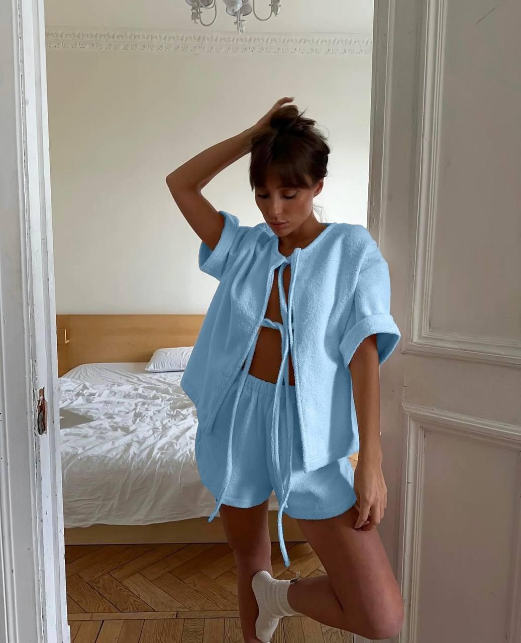 Махрова домашня піжама блакитного  кольору, фото 1