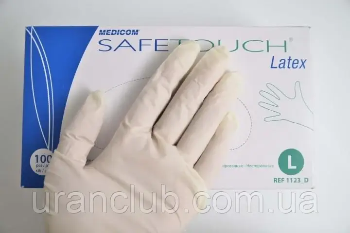 Рукавички латексні неопудрені рукавиці SafeTouch latex Medicom, розмір L 100 шт/уп стоматологічні