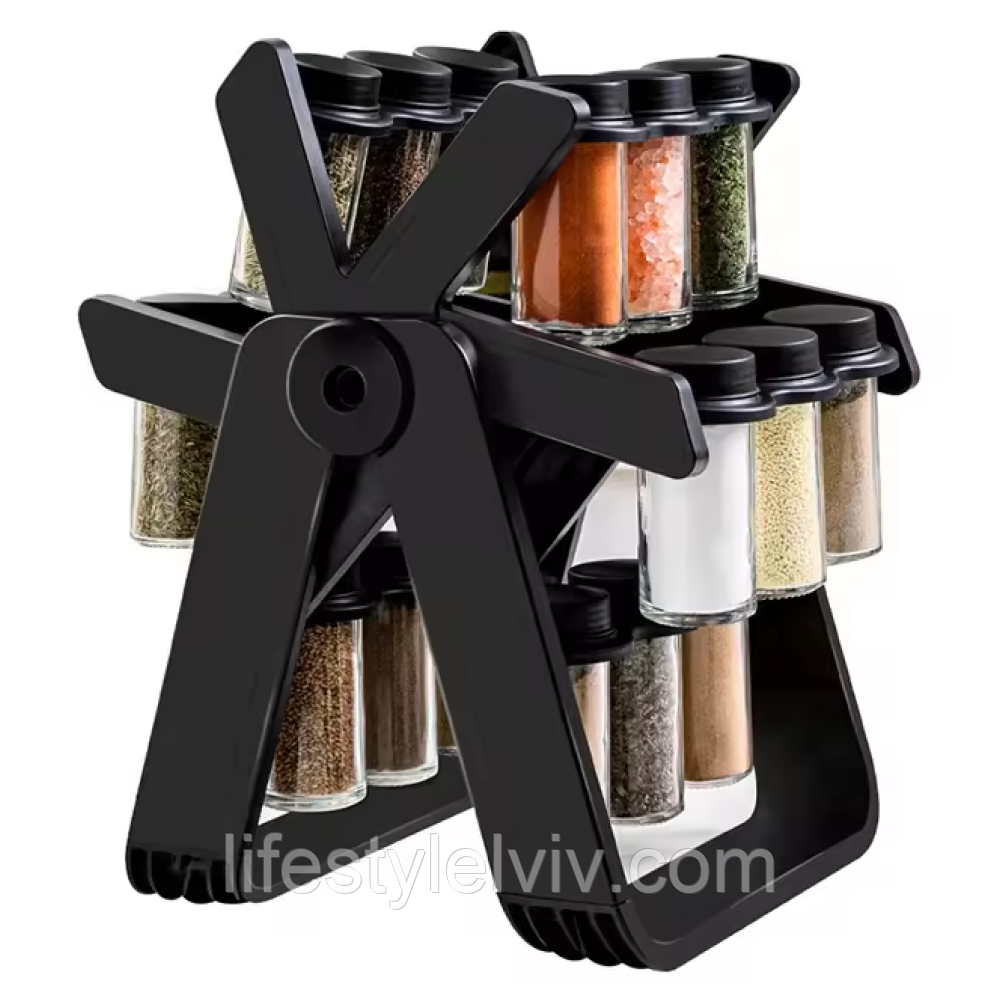 Органайзер для спецій на 18 баночок, що обертається, Spice Rack, Чорний / Карусель для спецій / Набір для спецій, фото 1