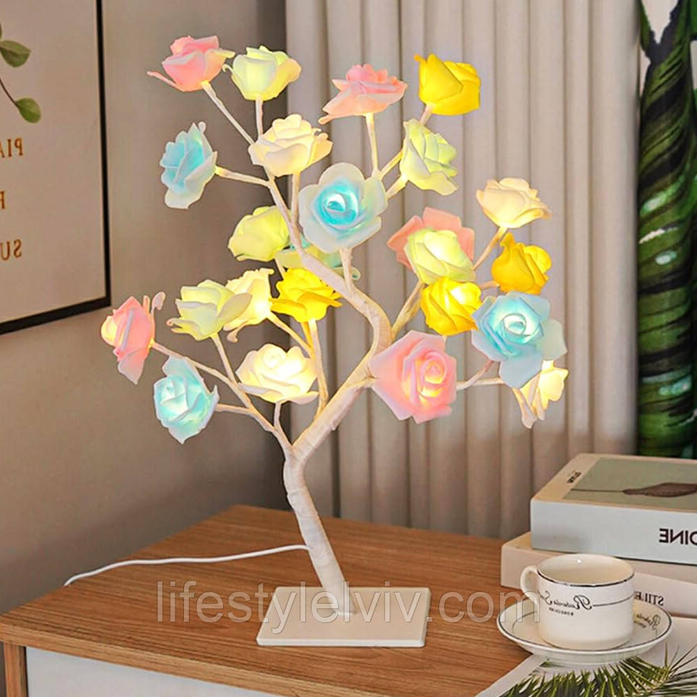 Настільна лампа "Дерево з кольоровими трояндами", від мережі, 24 LED, Теплий білий / Світлодіодний світильник дерево, фото 1