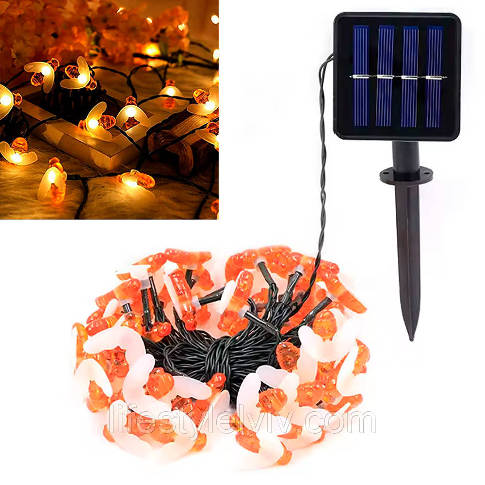 Вулична гірлянда на сонячній батареї 5м, Бджілка, Теплий білий / Сонячна гірлянда / Світлодіодна гірлянда, фото 1