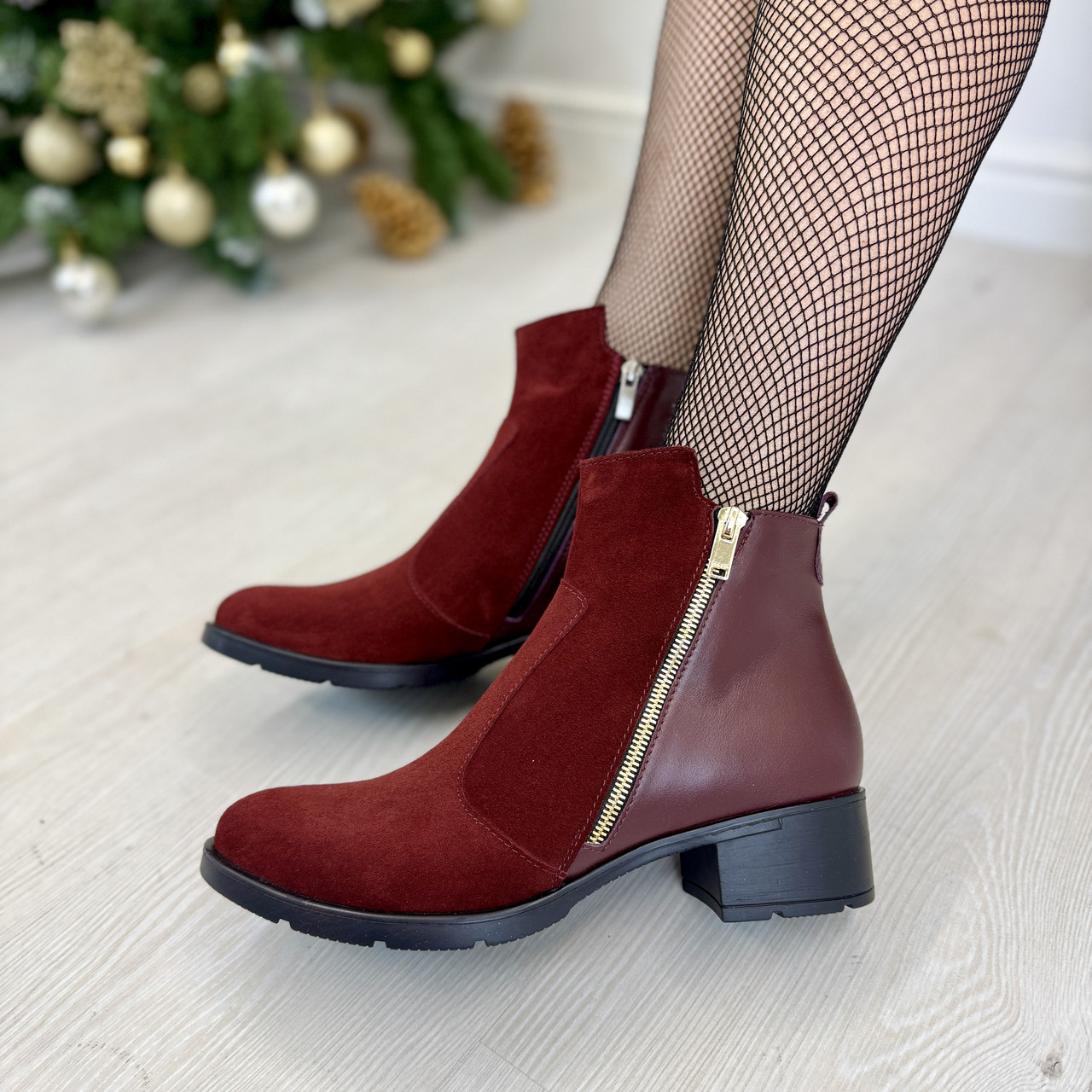 Напівчеревики бордові жіночі на невисоких підборах, натуральна замша та шкіра, фото 1