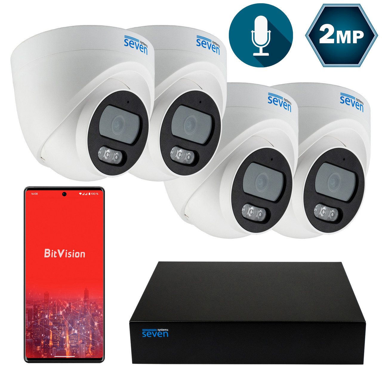Комплект відеоспостереження на 4 купольні 1080p IP-відеокамери SEVEN 4D2