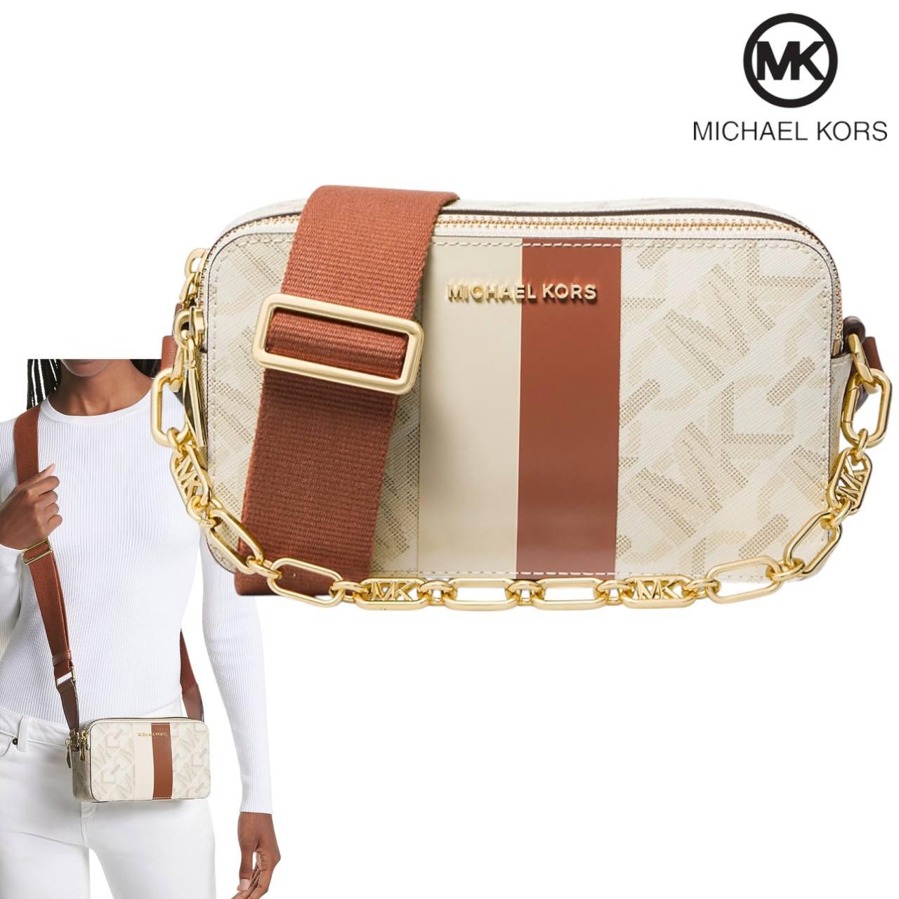 Жіноча сумка Michael Kors Jet Set Small Empire Signature Logo Stripe Double-Zip Camera Bag (ваніль) ОРИГІНАЛ