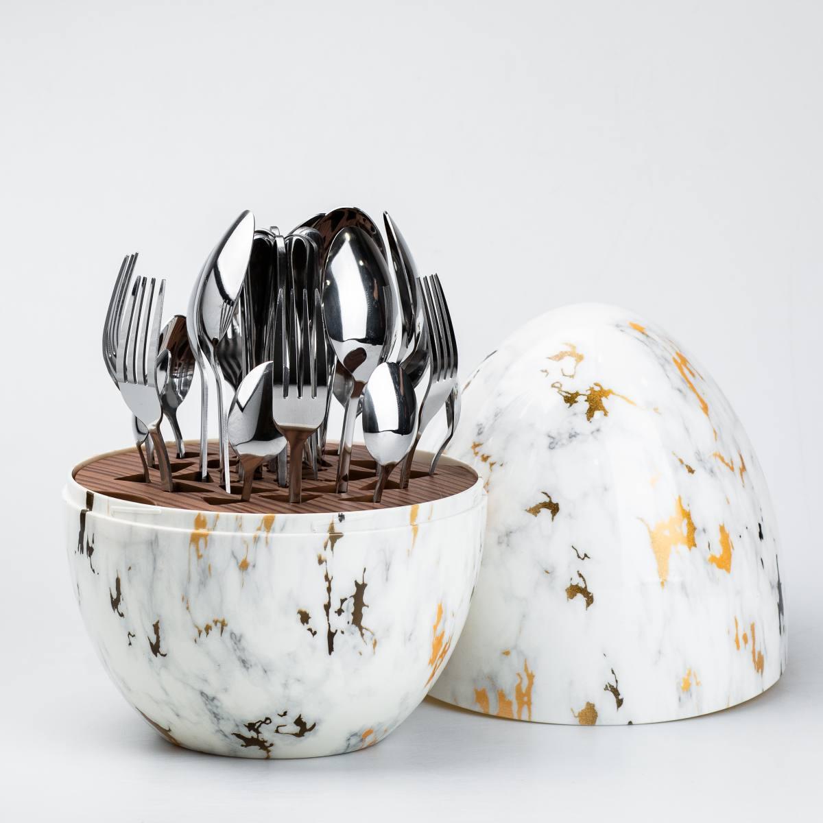 Набір столових приборів на 6 персон із неіржавкої сталі Сріблясті 24 штуки в яйці TS Kitchen Білий мармур, фото 1