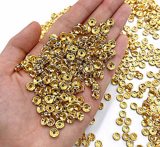 Намистини Роздільники зі Стразами / Ø-8 мм / Упаковка ≈ 40-45 шт / Золотий Прозорий