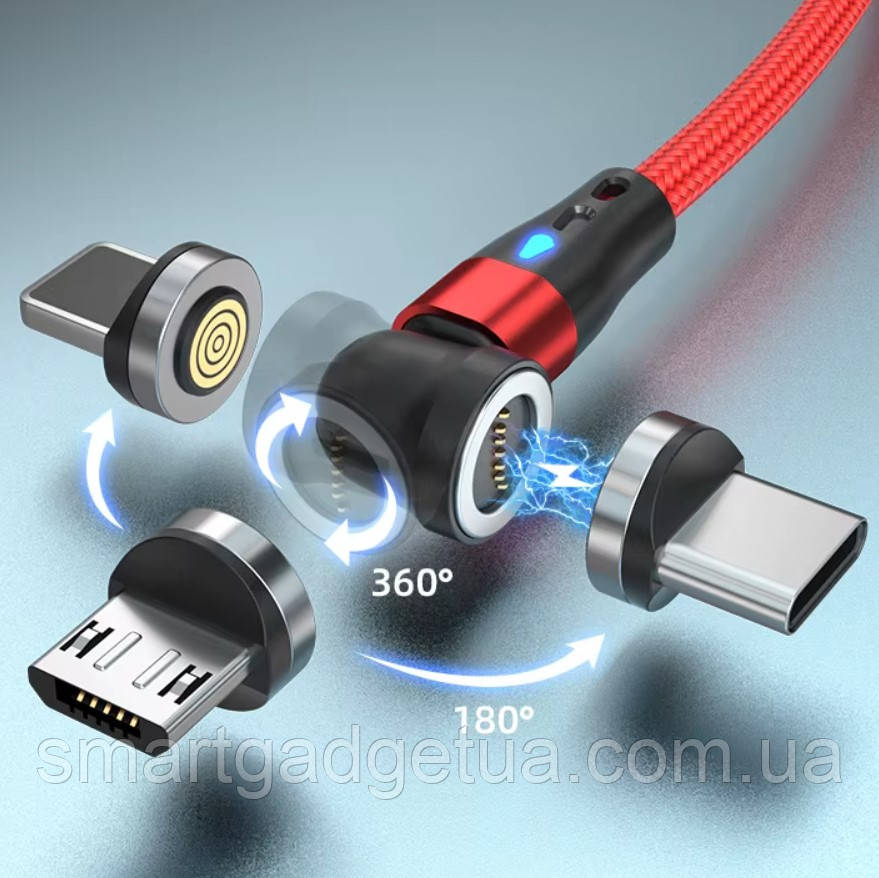 Посилений Магнітний кабель 540° "NNBili" 5A / 7pin / 1 м / 3 конектори (Lightning, micro USB, Type-C) Червоний