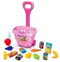 Дитяча іграшка каталка Візок з продуктами для дівчинки, рожевий візок з ручкою, іграшкові продукти