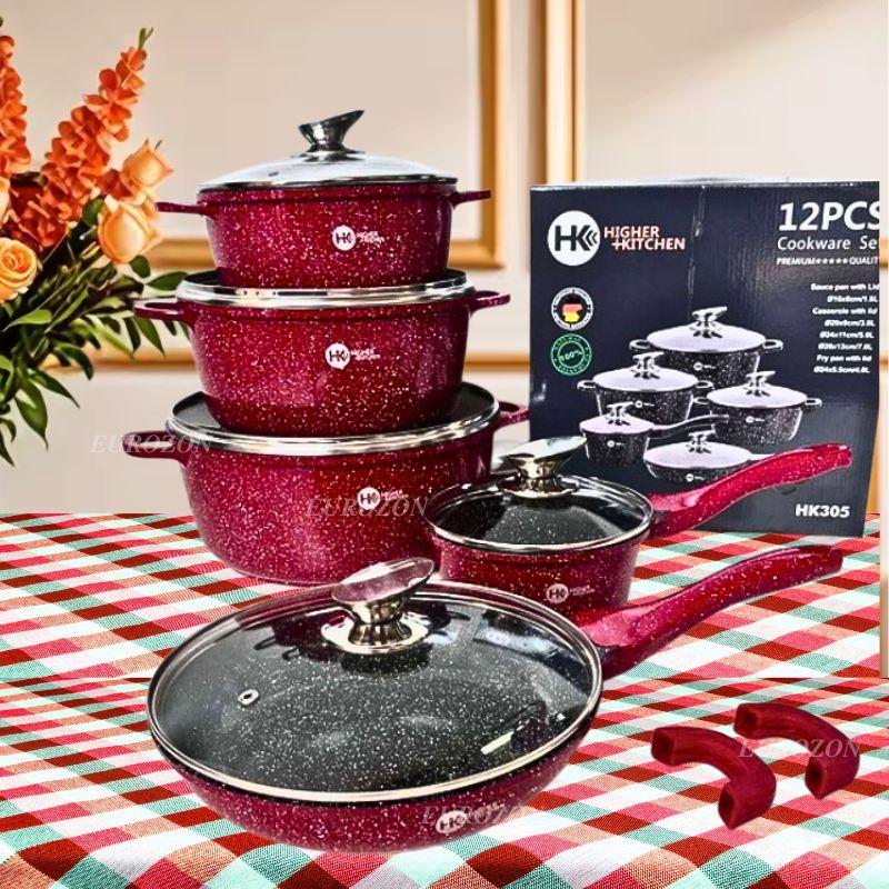 Набір каструль та сковорода з кришками Higher Kitchen Набір посуду з гранітним антипригарним покриттям 12 предметів Червоний