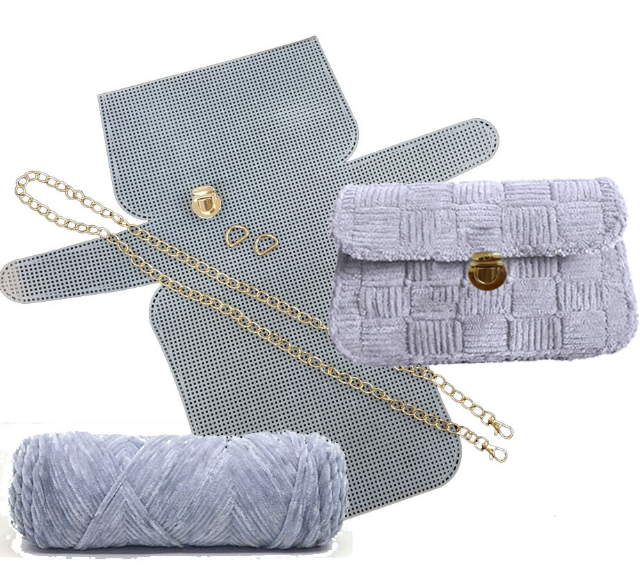 Набір для створення сумки із пластикової канви + нитки світло сірі + фурнітура, розмір сумки 25*17 см, фото 1