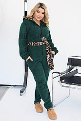 Модний теплий жіночий флісовий комбінезон з капюшоном в принт леопард з поясом, батал великі розміри