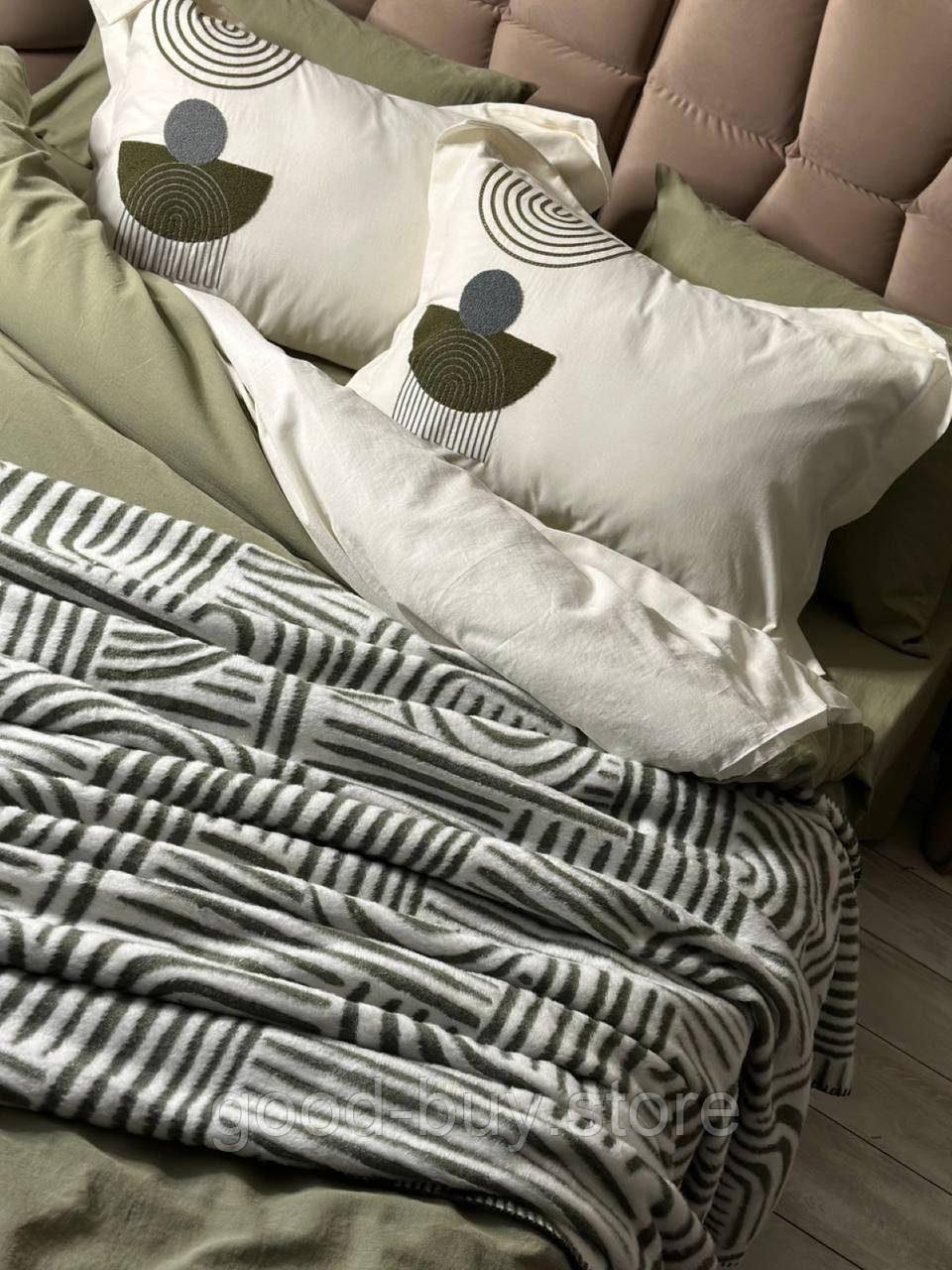 Комплект постільної білизни з вишивкою і пледом Babil haki євро Туреччина, фото 1