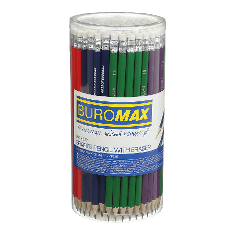 Олівець графітовий COLOR НВ з гумкою асорті туба 100 шт., фото 1