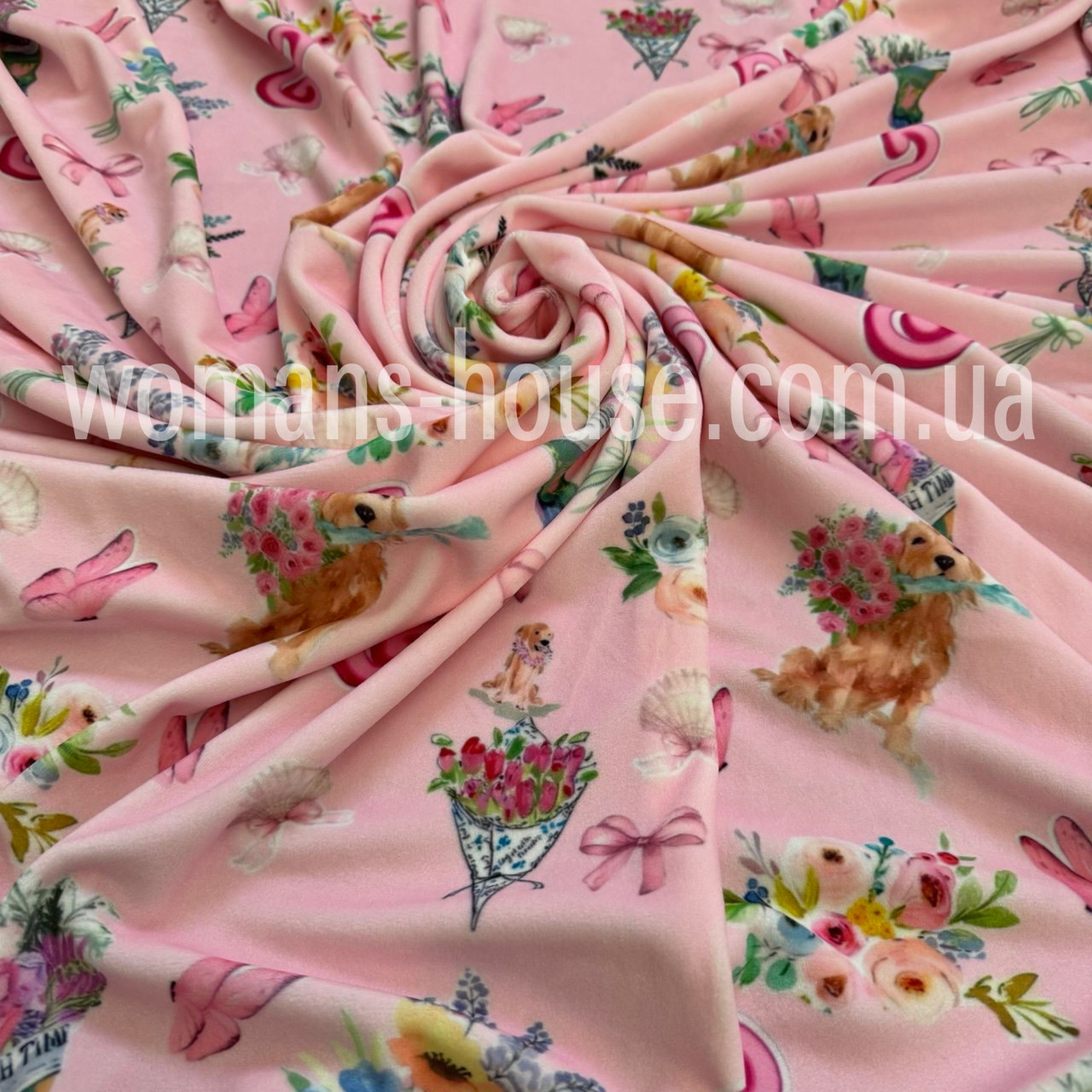 Тканина велюр Плюш (спорт) принт друкований Собачки на рожевому, фото 1