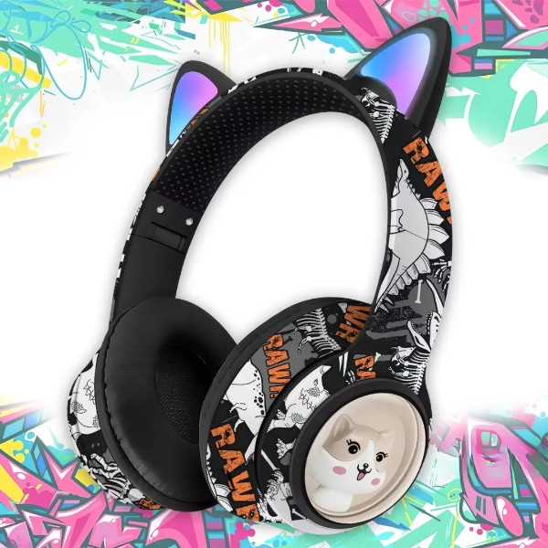 Навушники бездротові з вушками Графіті LED AKZ-37 Чорні з білим, фото 1