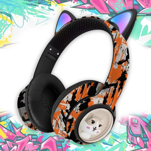 Навушники бездротові з вушками Графіті LED AKZ-37 Чорні з оранжевим, фото 1