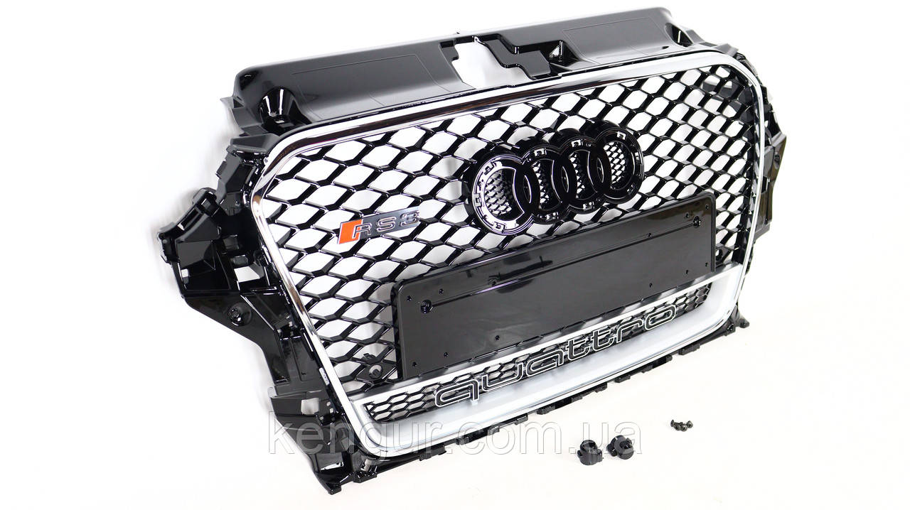 Решітка радіатора, стиль RS3 (хром окантовка, чорна сітка, QUATTRO) Audi A3 2012-2015