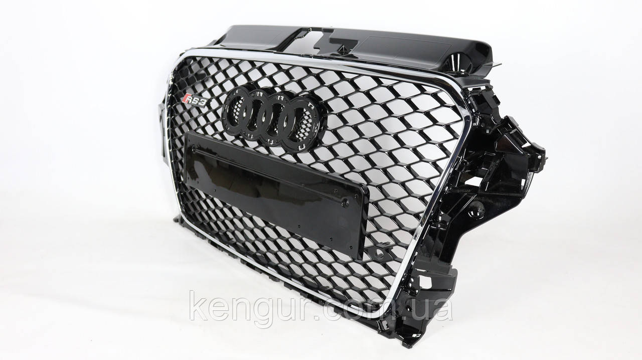 Решітка радіатора, стиль RS3 (хром окантовка, чорна сітка) Audi A3 2012-2015, фото 1