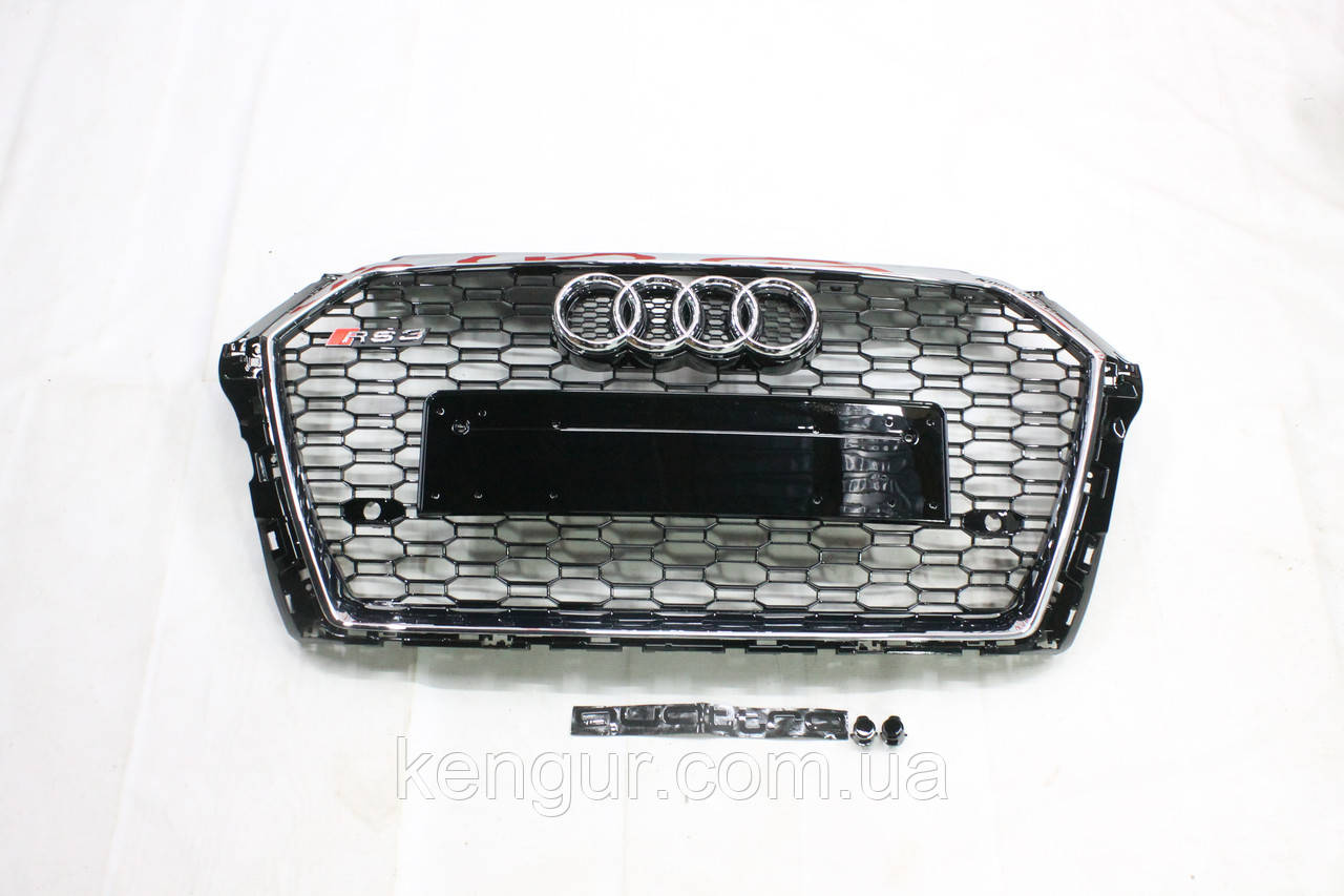 Решітка радіатора, стиль RS3 (хром окантовка, чорна сітка, QUATTRO) Audi A3 2016-2020