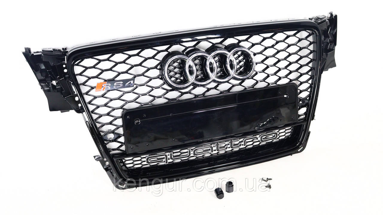 Решітка радіатора, стиль RS4 (чорна окантовка, чорна сітка, QUATTRO) Audi A4 2007-2011