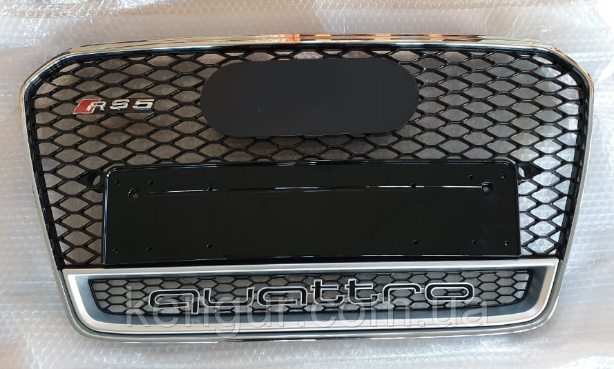Решітка радіатора, стиль RS5 (хром окантовка, чорна сітка, QUATTRO) Audi A5 2011-2016, фото 1