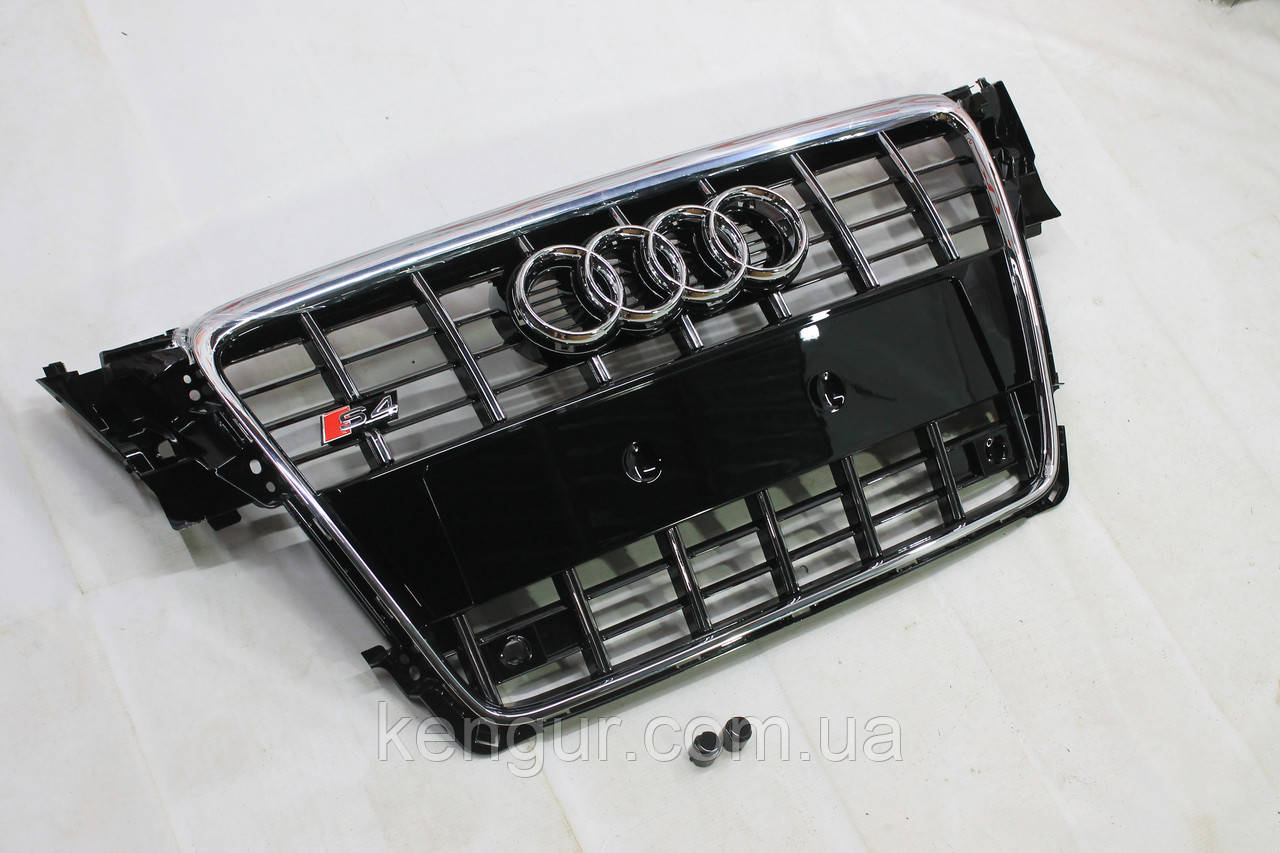 Решітка радіатора, стиль S4 (хром окантовка, хром смужки) Audi A4 2007-2011, фото 1
