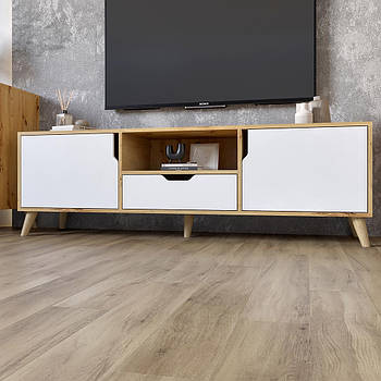 Тумба під телевізор з ніжками в кольорі Горіх світлий М-ЗОН Борн 1600 Дуб Артизан/Німфея Альба (білий) (MZN-031081)