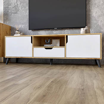 Тумба під телевізор з чорними ніжками М-ЗОН Борн 1600 Дуб Артизан/Німфея Альба (білий) (MZN-031080)