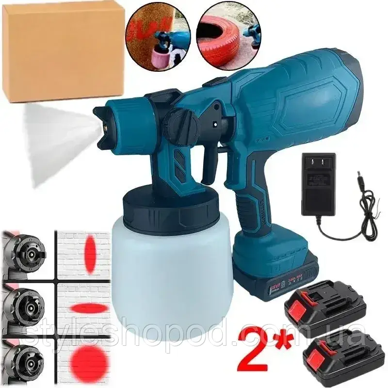 Електрокраскопульт із двома акумуляторами 21V — бездротовий фарбопульт для фарбування стін, меблів та металу, фото 1