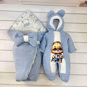 Комплект Тедді конверт + комбінезон для новонароджених, блакитний з принтом ведмедик