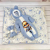 Комплект Тедді конверт + комбінезон для новонароджених, блакитний з принтом ведмедик, фото 3